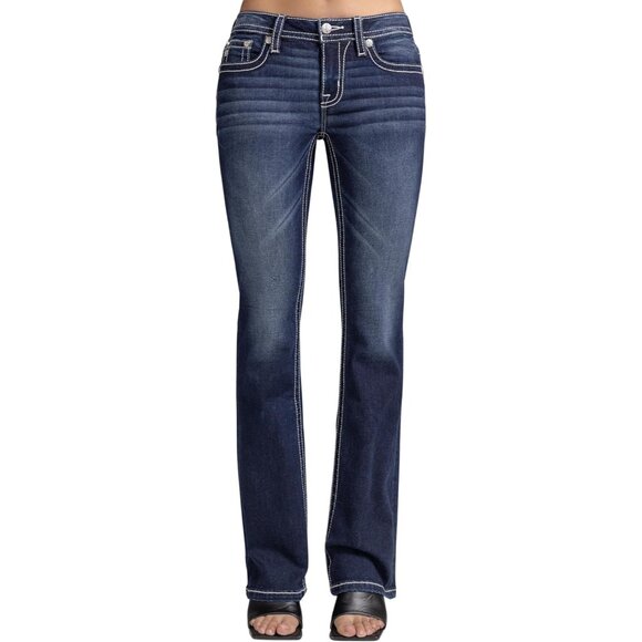 Women s Embellished Faux Flap Pockets Bootcut Jeans Mid-Rise | Versatile Style - Picture 2 of 4